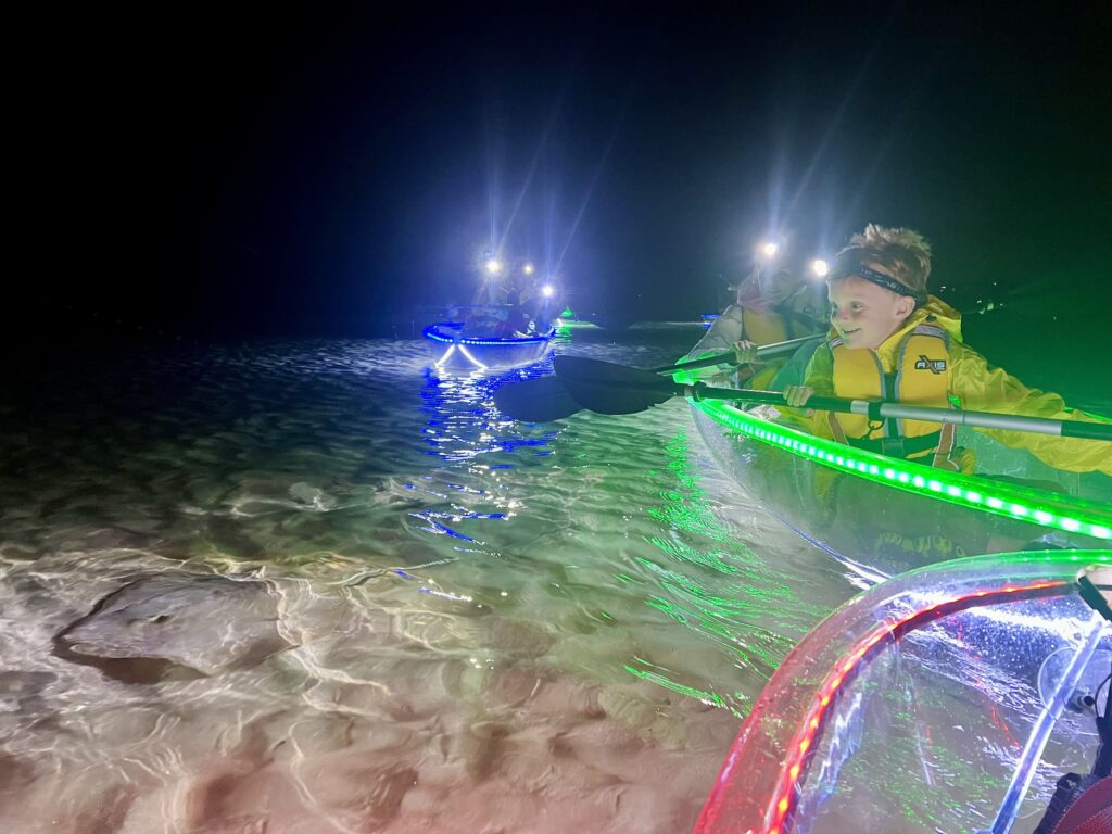 Young boy in clear kayak looking at stingray
